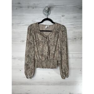 Joie Blouse Womens XS Brown Paisley Metallic Smocked Hem Long Sleeve V-Neck‎ Tie